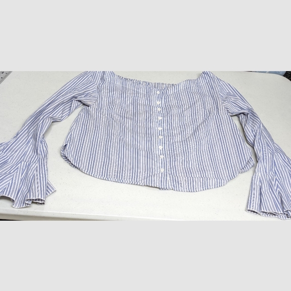 Free People Striped Blue Off Shoulder Blouse Bell Sleeve XS - Picture 11 of 14